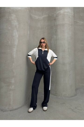 Garnili Yarım Fermuarlı Oversize Geniş Paça Yumuşak Doku Modal Kumaş Eşofman Takım