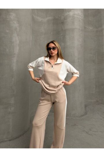 Garnili Yarım Fermuarlı Oversize Geniş Paça Yumuşak Doku Modal Kumaş Eşofman Takım