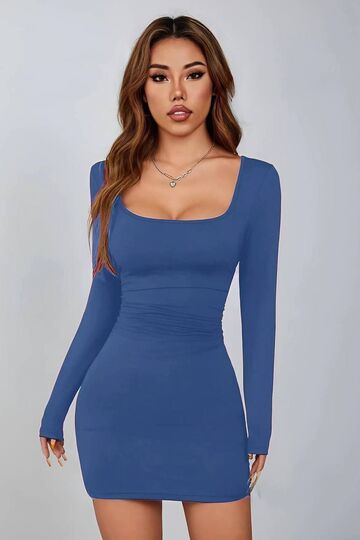 Kare Yaka Uzun Kollu Likralı Mini Elbise