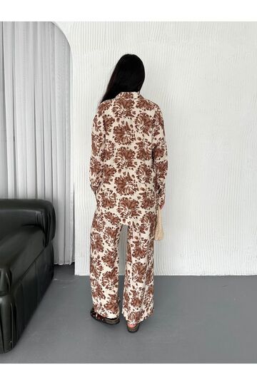 Beli Lastikli  Desenli Modal Kumaş Geniş Paça Gömlekli Takım