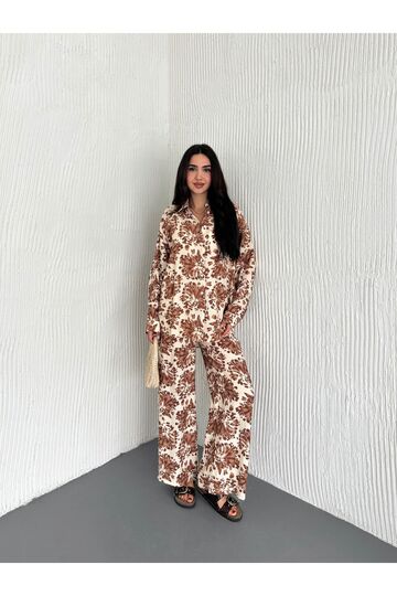 Beli Lastikli  Desenli Modal Kumaş Geniş Paça Gömlekli Takım