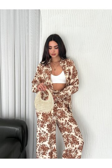 BELİ LASTİKLİ  DESENLİ MODAL KUMAŞ GENİŞ PAÇA GÖMLEKLİ TAKIM