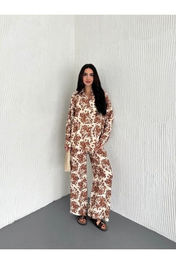 BELİ LASTİKLİ  DESENLİ MODAL KUMAŞ GENİŞ PAÇA GÖMLEKLİ TAKIM
