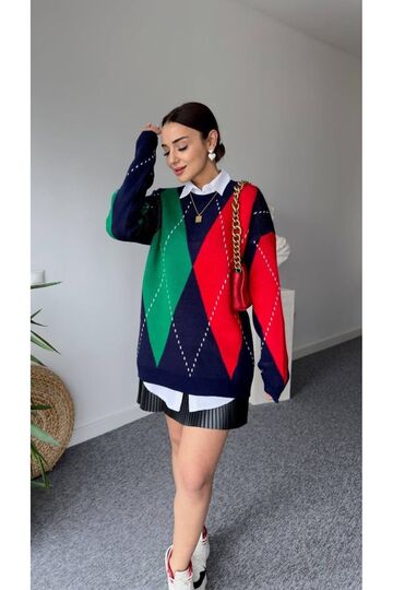 Oversize Baklava Desenli Triko Kazak