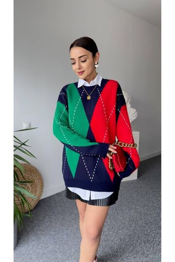 Oversize Baklava Desenli Triko Kazak