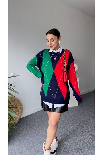 Oversize Baklava Desenli Triko Kazak