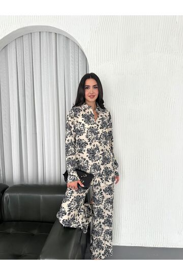 Beli Lastikli  Desenli Modal Kumaş Geniş Paça Gömlekli Takım