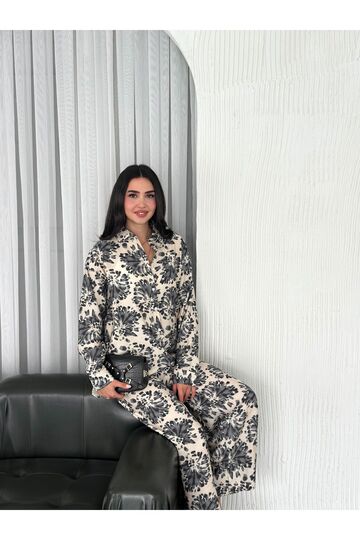 Beli Lastikli  Desenli Modal Kumaş Geniş Paça Gömlekli Takım