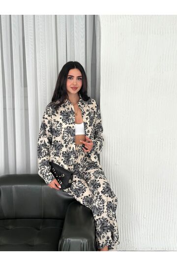 Beli Lastikli  Desenli Modal Kumaş Geniş Paça Gömlekli Takım