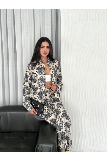 BELİ LASTİKLİ  DESENLİ MODAL KUMAŞ GENİŞ PAÇA GÖMLEKLİ TAKIM