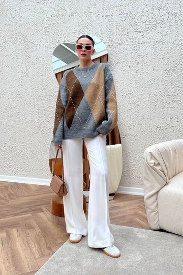 Oversize Baklava Desenli Triko Kazak