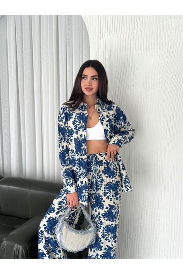 Beli Lastikli  Desenli Modal Kumaş Geniş Paça Gömlekli Takım