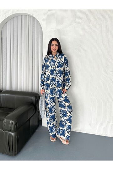 Beli Lastikli  Desenli Modal Kumaş Geniş Paça Gömlekli Takım