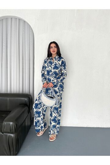 Beli Lastikli  Desenli Modal Kumaş Geniş Paça Gömlekli Takım