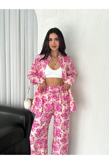 Beli Lastikli  Desenli Modal Kumaş Geniş Paça Gömlekli Takım