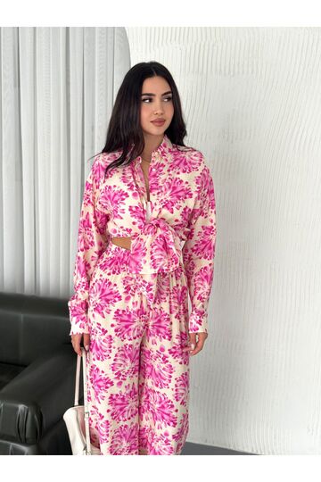 Beli Lastikli  Desenli Modal Kumaş Geniş Paça Gömlekli Takım
