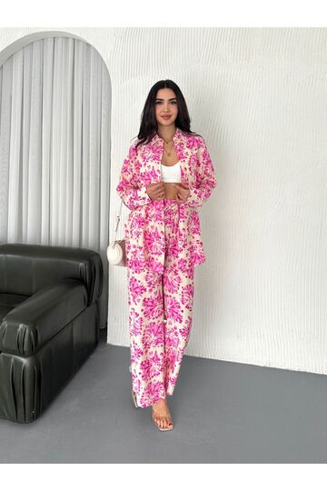 Beli Lastikli  Desenli Modal Kumaş Geniş Paça Gömlekli Takım