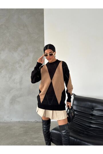 Oversize Baklava Desenli Triko Kazak