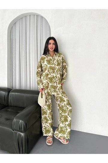BELİ LASTİKLİ  DESENLİ MODAL KUMAŞ GENİŞ PAÇA GÖMLEKLİ TAKIM