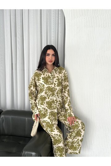 BELİ LASTİKLİ  DESENLİ MODAL KUMAŞ GENİŞ PAÇA GÖMLEKLİ TAKIM