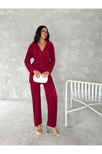 Piliseli Kumaş Beli Lastikli Rahat Kalıp Geniş Paça Pantolun Gömlekli Takım