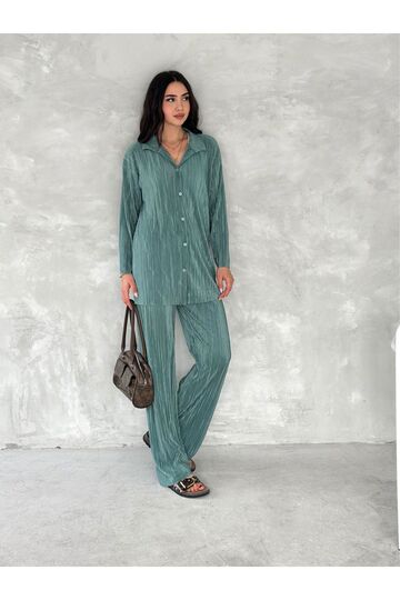 Piliseli Kumaş Beli Lastikli Rahat Kalıp Geniş Paça Pantolun Gömlekli Takım