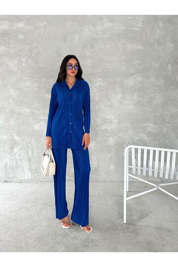 Piliseli Kumaş Beli Lastikli Rahat Kalıp Geniş Paça Pantolun Gömlekli Takım