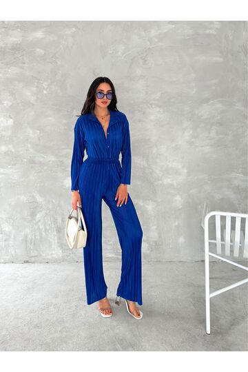 Piliseli Kumaş Beli Lastikli Rahat Kalıp Geniş Paça Pantolun Gömlekli Takım