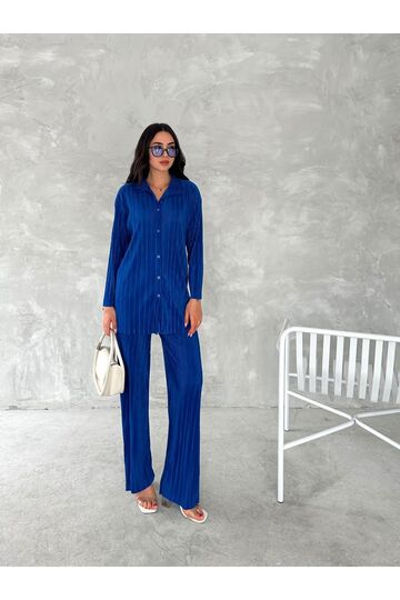 Piliseli Kumaş Beli Lastikli Rahat Kalıp Geniş Paça Pantolun Gömlekli Takım