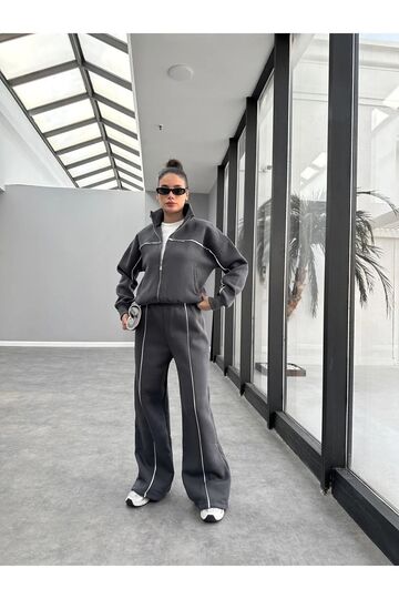 Biyeli Geniş Paça  3 İplik Şardonlu Oversize Fermuarlı Eşofman Takım