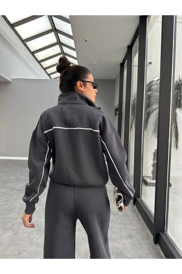 Biyeli Geniş Paça  3 İplik Şardonlu Oversize Fermuarlı Eşofman Takım