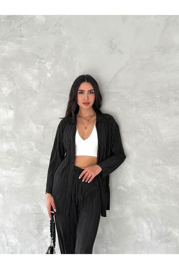 Piliseli Kumaş Beli Lastikli Rahat Kalıp Geniş Paça Pantolun Gömlekli Takım