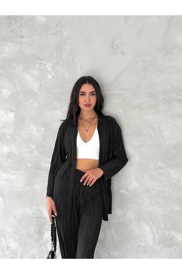 PİLİSELİ KUMAŞ BELİ LASTİKLİ RAHAT KALIP GENİŞ PAÇA PANTOLUN GÖMLEKLİ TAKIM