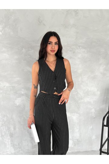 ÇİZGİLİ KREP YELEKLİ TAKIM