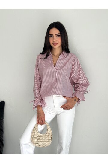 BLUZ GÖMLEK KOLU BAĞLAMALI ÇİZGİ DESENLİ TERİCOTTON KUMAŞ GÖMLEK