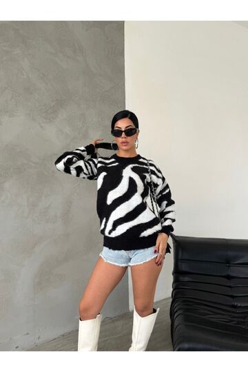 Zebra Desen Oversize Yuvarlak Yaka  Triko Kazak