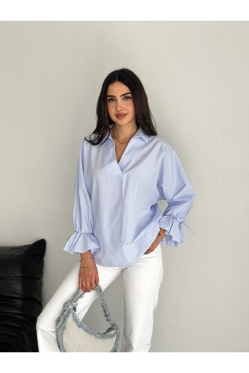 BLUZ GÖMLEK KOLU BAĞLAMALI ÇİZGİ DESENLİ TERİCOTTON KUMAŞ GÖMLEK
