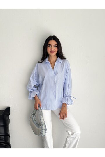 BLUZ GÖMLEK KOLU BAĞLAMALI ÇİZGİ DESENLİ TERİCOTTON KUMAŞ GÖMLEK
