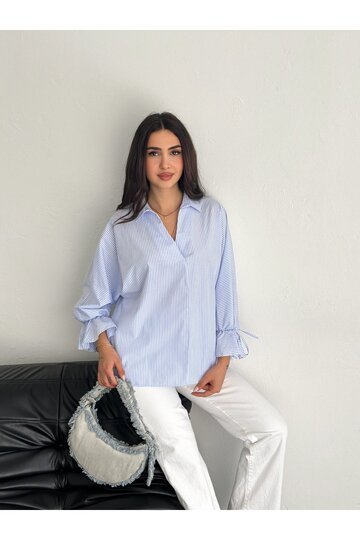 BLUZ GÖMLEK KOLU BAĞLAMALI ÇİZGİ DESENLİ TERİCOTTON KUMAŞ GÖMLEK