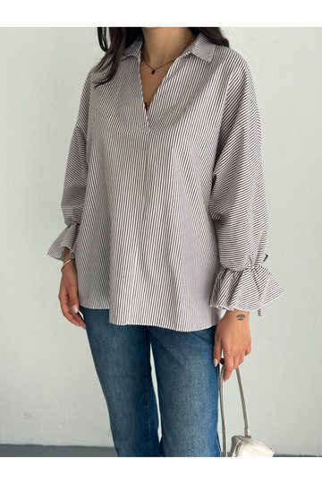 BLUZ GÖMLEK KOLU BAĞLAMALI ÇİZGİ DESENLİ TERİCOTTON KUMAŞ GÖMLEK