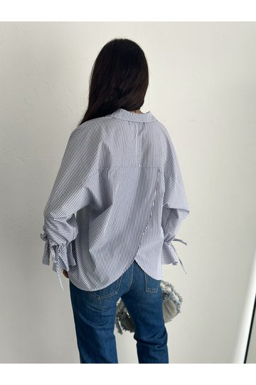 BLUZ GÖMLEK KOLU BAĞLAMALI ÇİZGİ DESENLİ TERİCOTTON KUMAŞ GÖMLEK