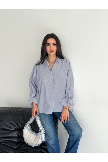 BLUZ GÖMLEK KOLU BAĞLAMALI ÇİZGİ DESENLİ TERİCOTTON KUMAŞ GÖMLEK