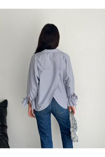 BLUZ GÖMLEK KOLU BAĞLAMALI ÇİZGİ DESENLİ TERİCOTTON KUMAŞ GÖMLEK
