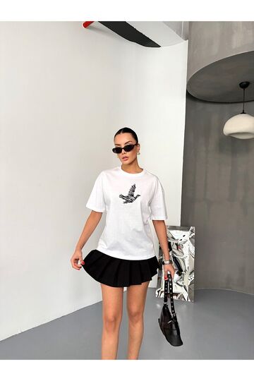 Kuş Detaylı Nakışlı Oversize  Suprem Penye  T-Shirt
