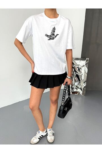 Kuş Detaylı Nakışlı Oversize  Suprem Penye  T-Shirt