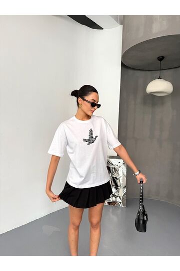 Kuş Detaylı Nakışlı Oversize  Suprem Penye  T-Shirt