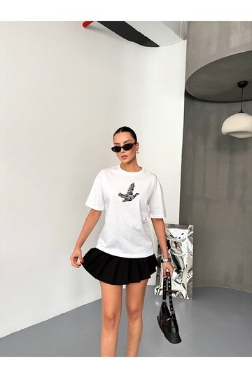 KUŞ DETAYLI NAKIŞLI OVERSİZE  SUPREM PENYE  T-SHİRT