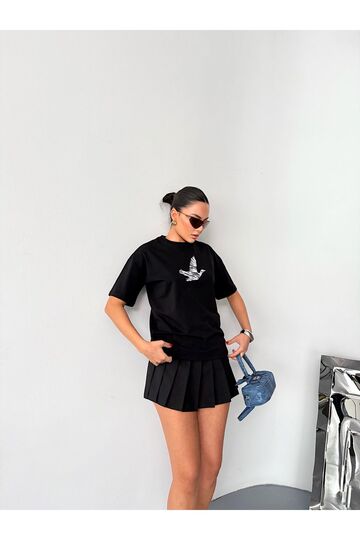 Kuş Detaylı Nakışlı Oversize  Suprem Penye  T-Shirt