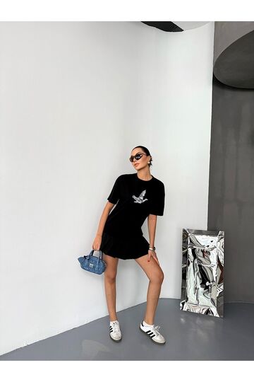 Kuş Detaylı Nakışlı Oversize  Suprem Penye  T-Shirt