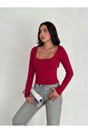 Özel Tasarım Kare Yaka Uzun Kollu Bluz